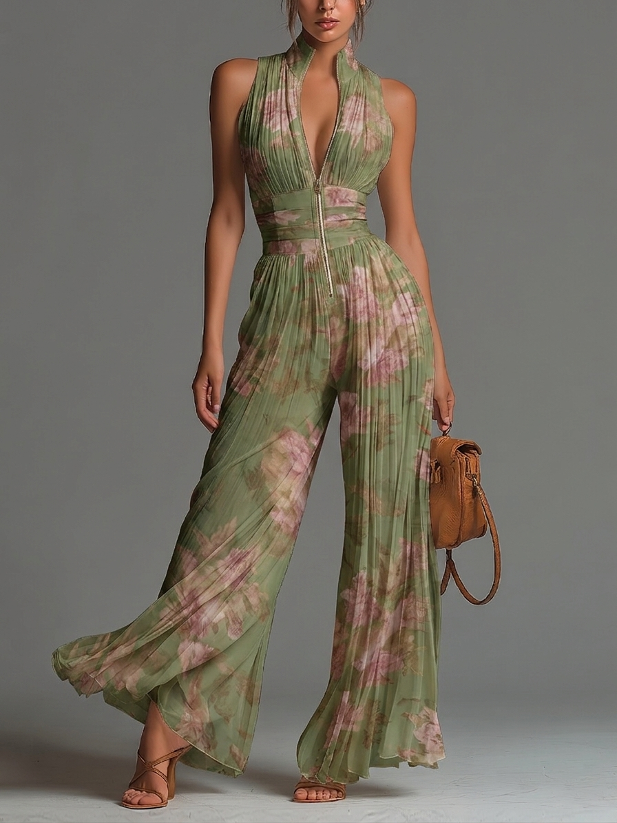 Pink and Sage Floral Chiffon Jumpsuit with Zip Front, Sleeveless