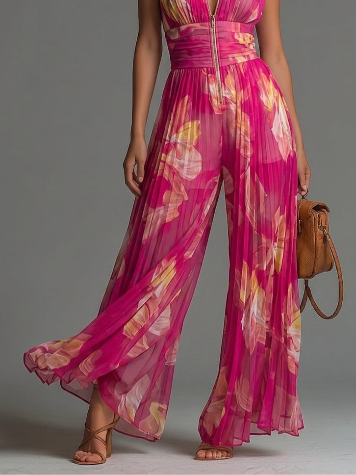 Fuchsia Floral Pleated Jumpsuit with Zip Front, Sleeveless