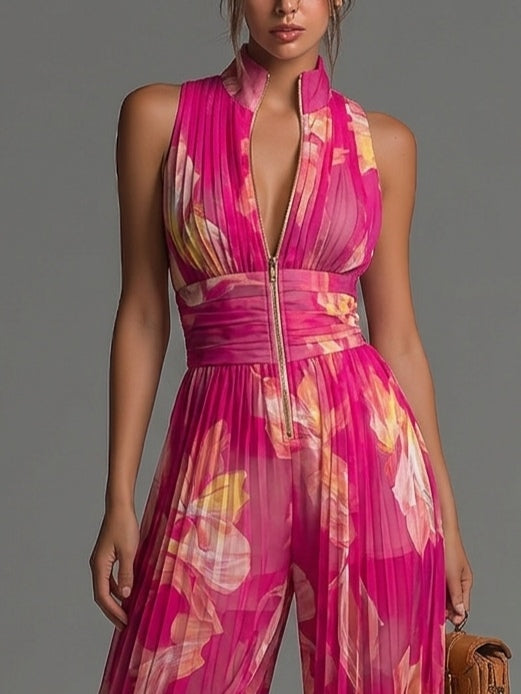 Fuchsia Floral Pleated Jumpsuit with Zip Front, Sleeveless