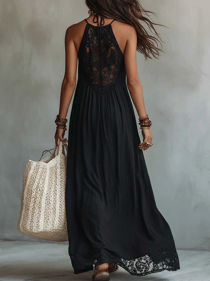 Black Sleeveless Maxi Dress with Boho Lace