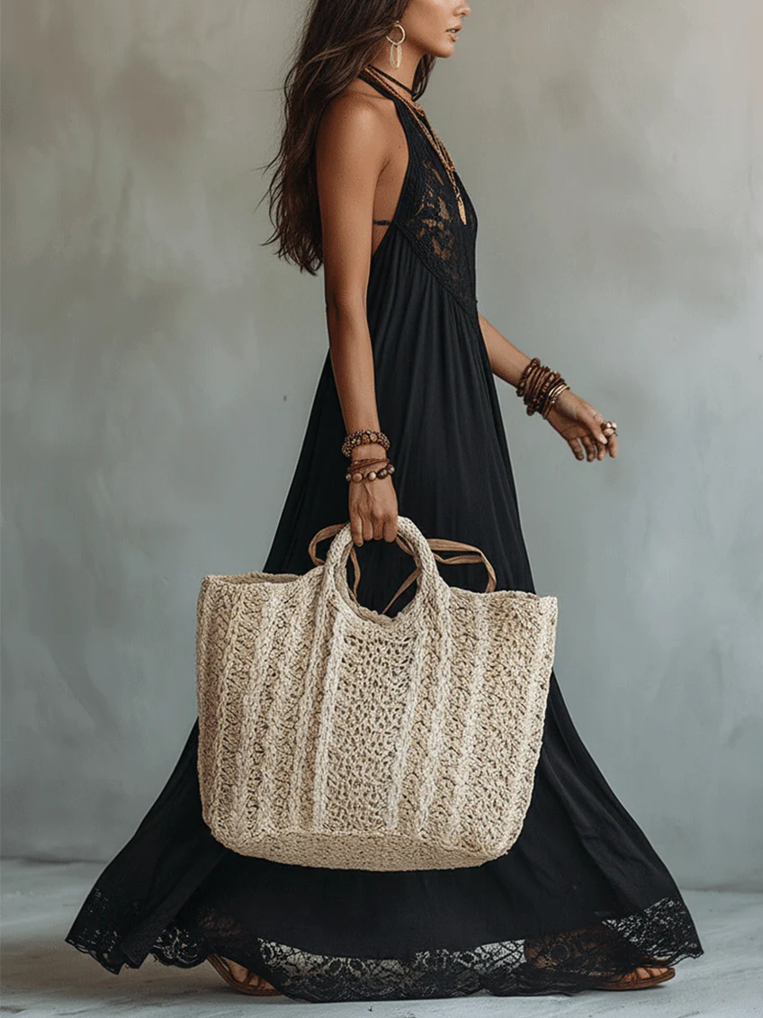 Black Sleeveless Maxi Dress with Boho Lace