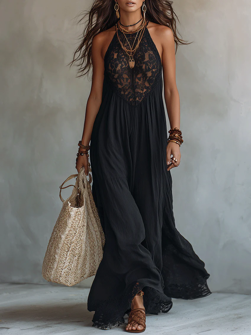 Black Sleeveless Maxi Dress with Boho Lace