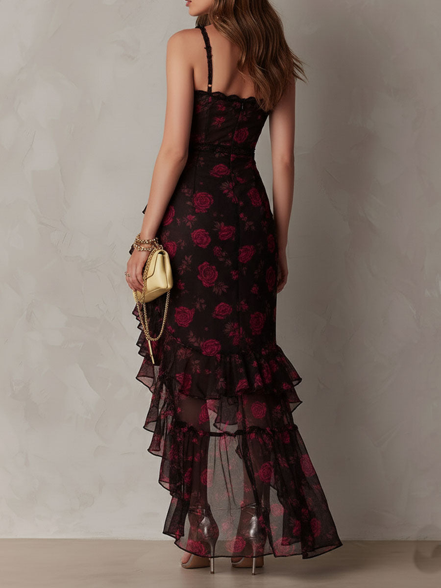 Black and Red Floral Lace Dress with Ruffle Hem