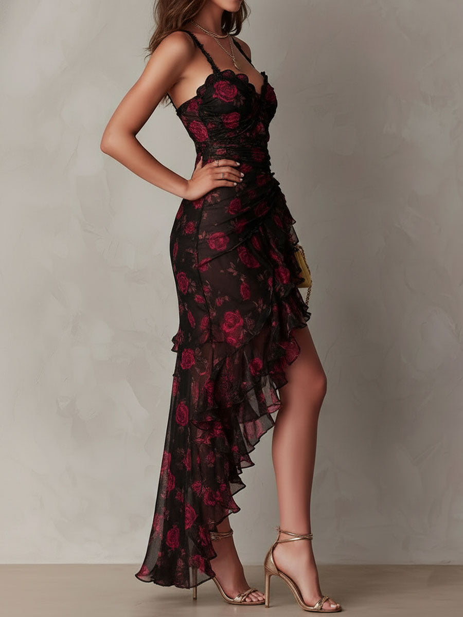 Black and Red Floral Lace Dress with Ruffle Hem