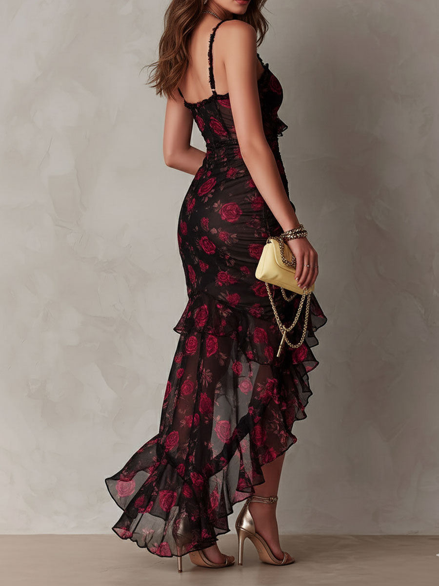 Black and Red Floral Lace Dress with Ruffle Hem