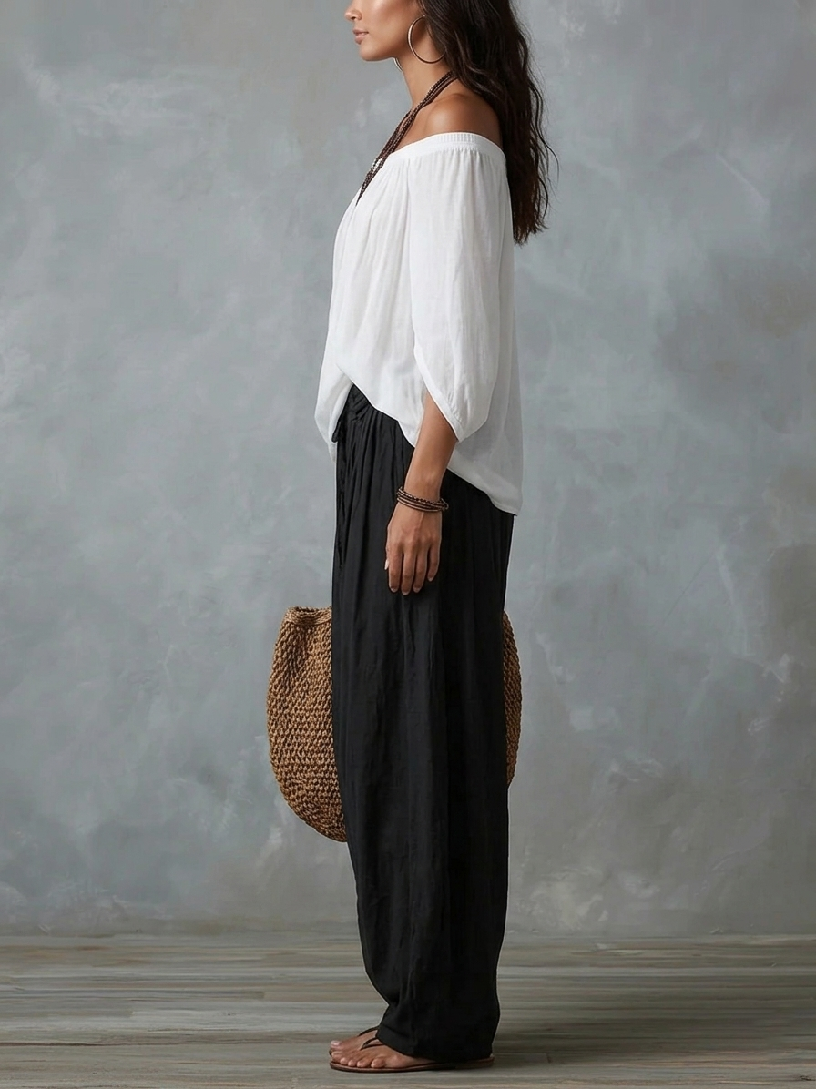 White Off-Shoulder Top and Wide-Leg Lantern Trousers Set