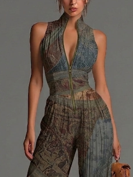 Boho Ethnic Print Jumpsuit with Zip Front, Sleeveless