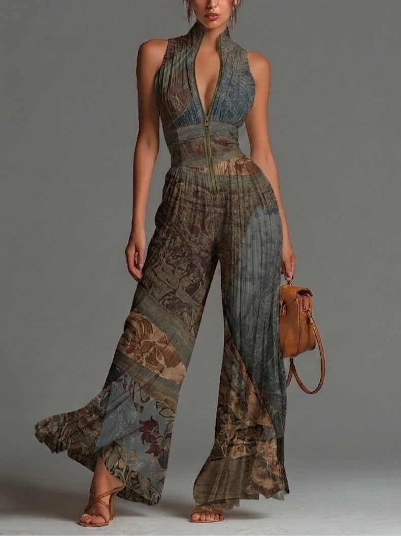Boho Ethnic Print Jumpsuit with Zip Front, Sleeveless