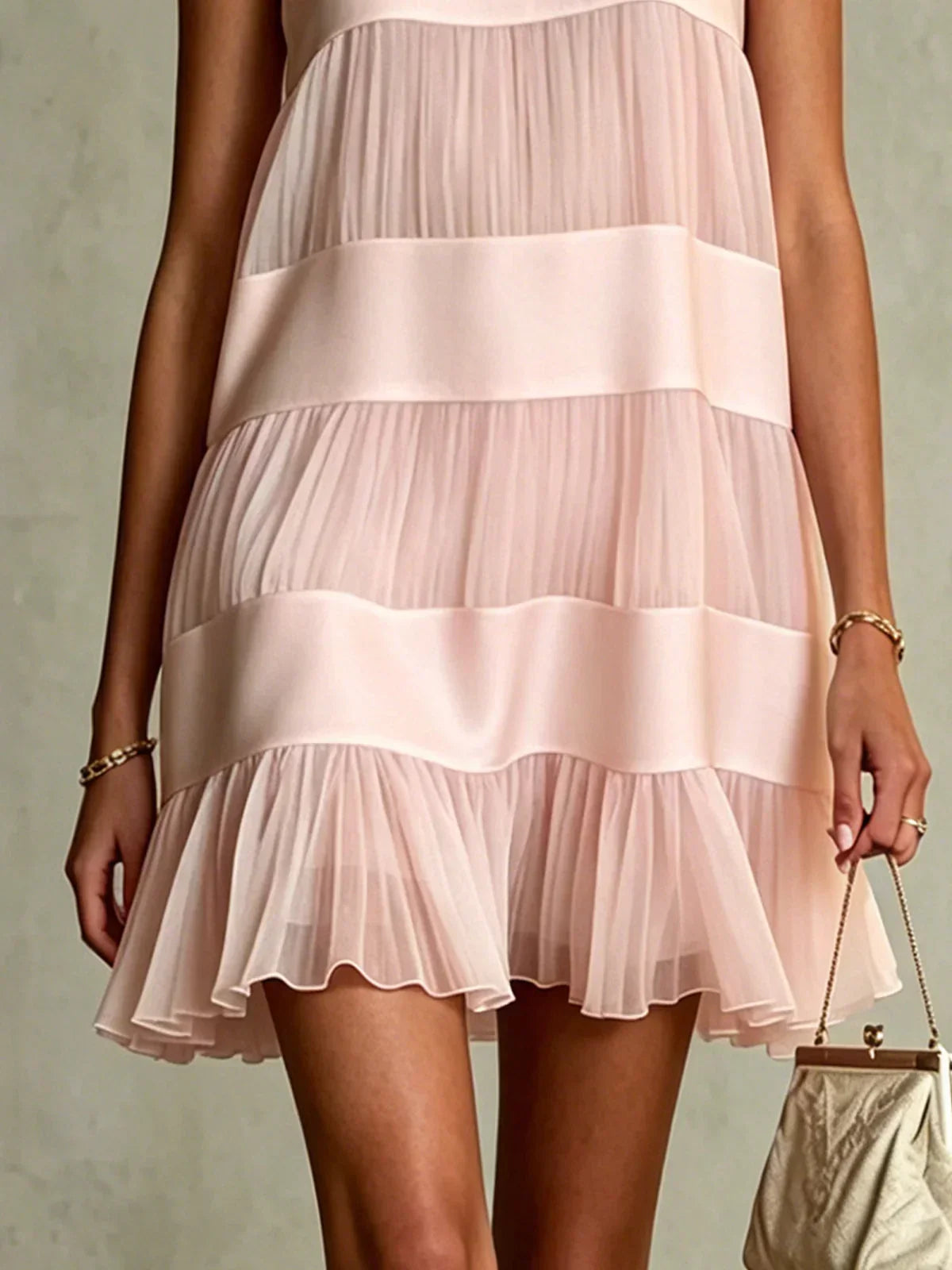 Light Pink Pleated Mini Dress with Layered Design and Patchwork