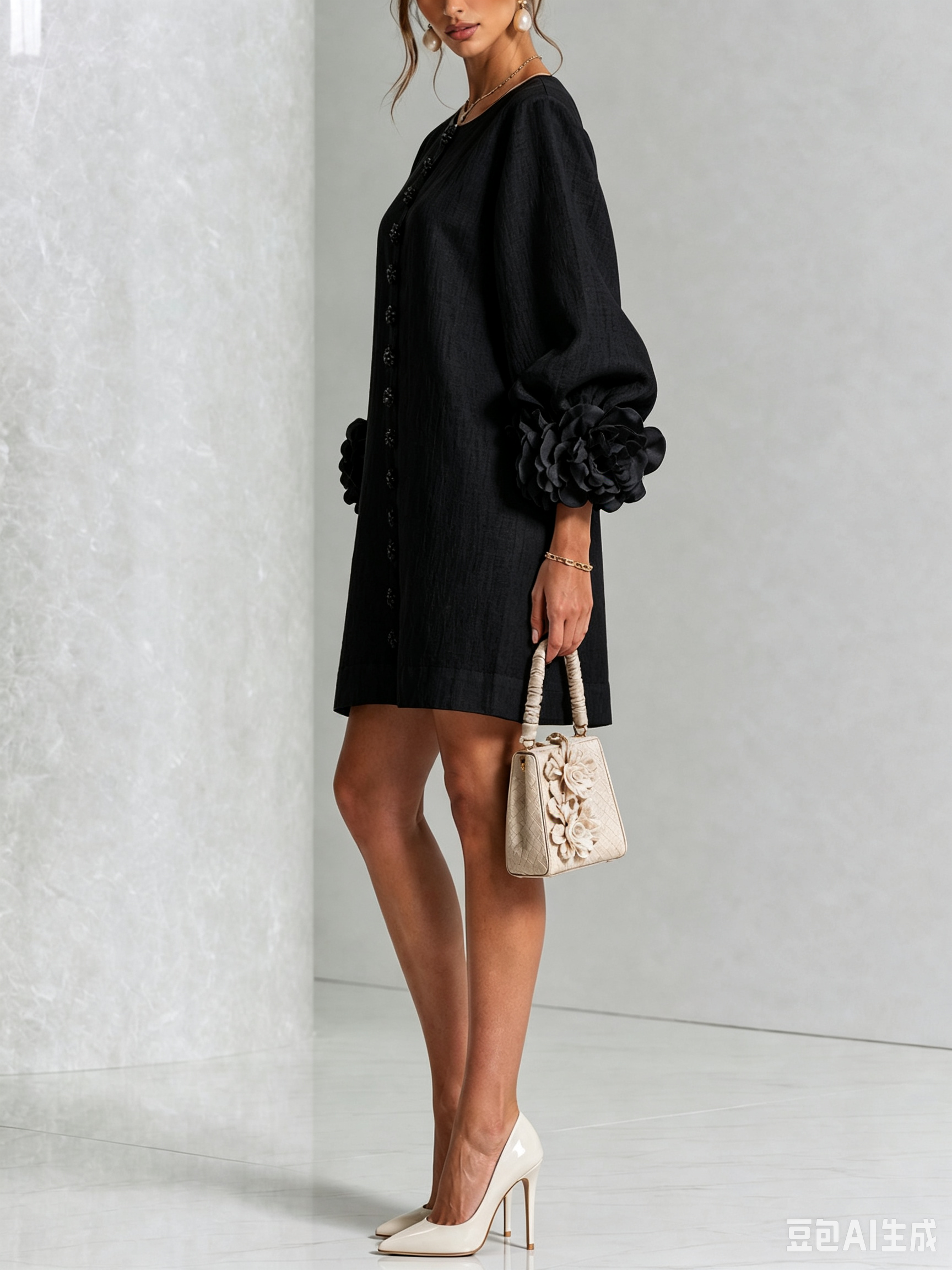White Floral Shirt Mini Dress with Statement Floral Cuffs