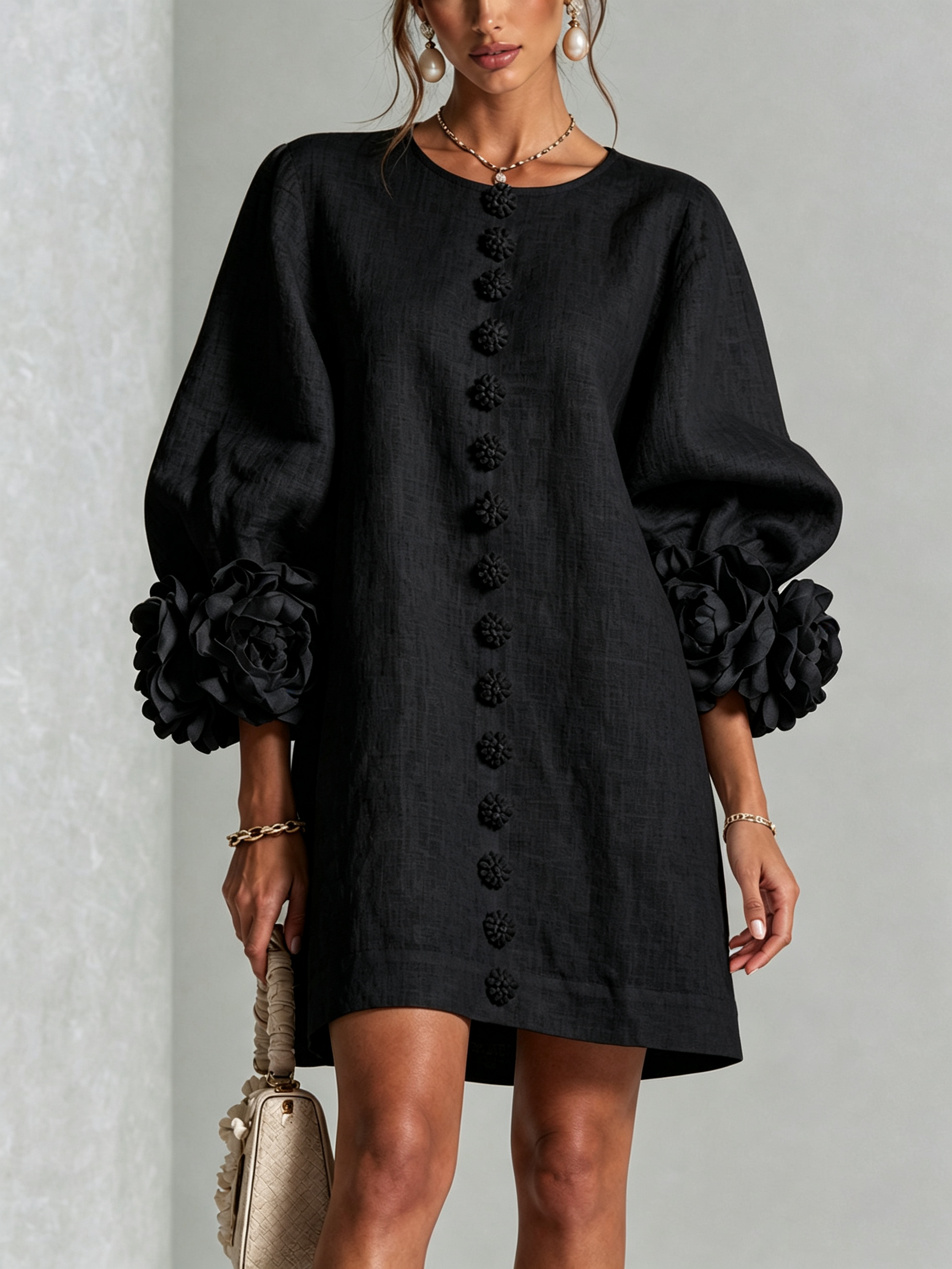 White Floral Shirt Mini Dress with Statement Floral Cuffs