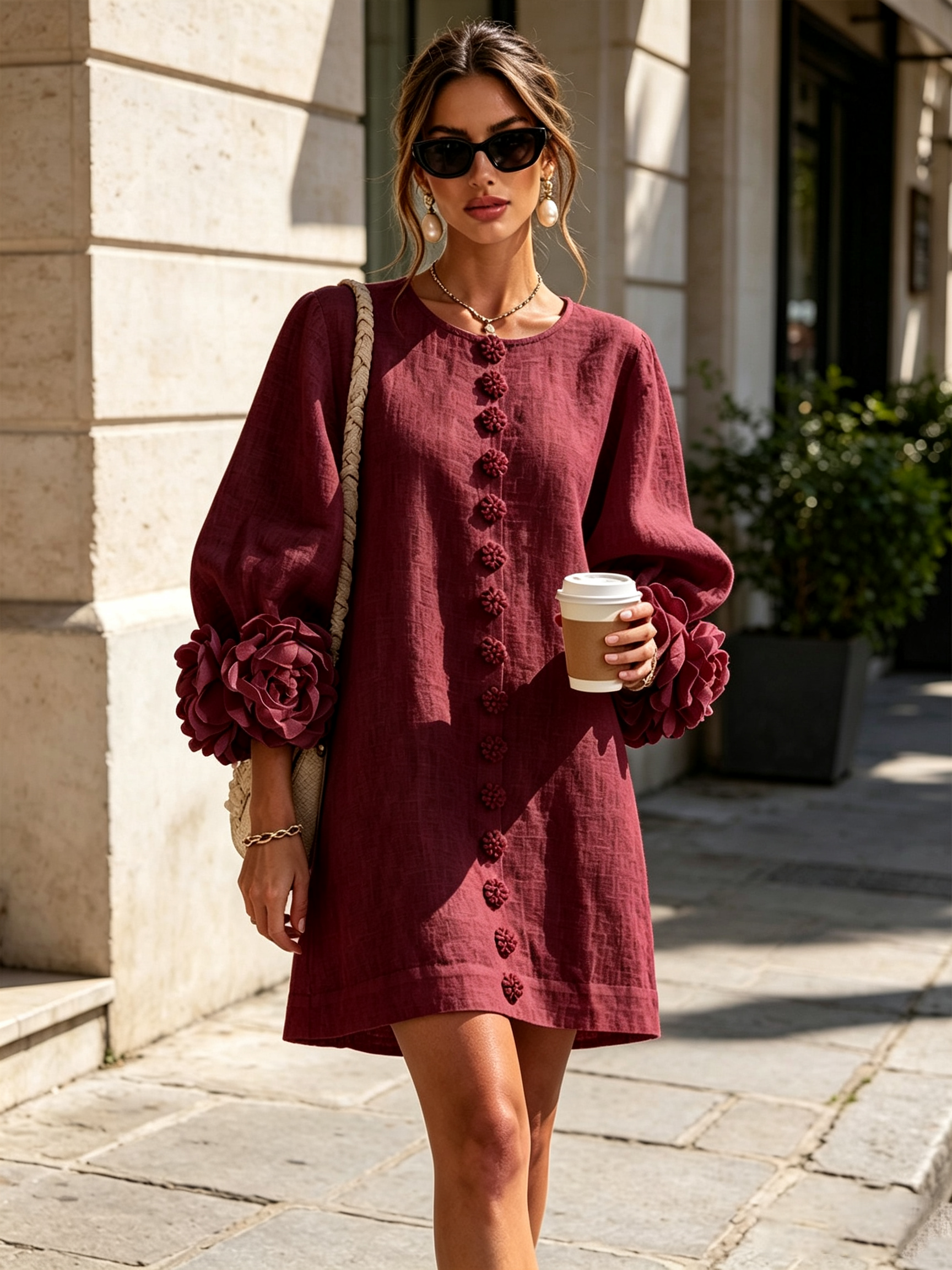 White Floral Shirt Mini Dress with Statement Floral Cuffs