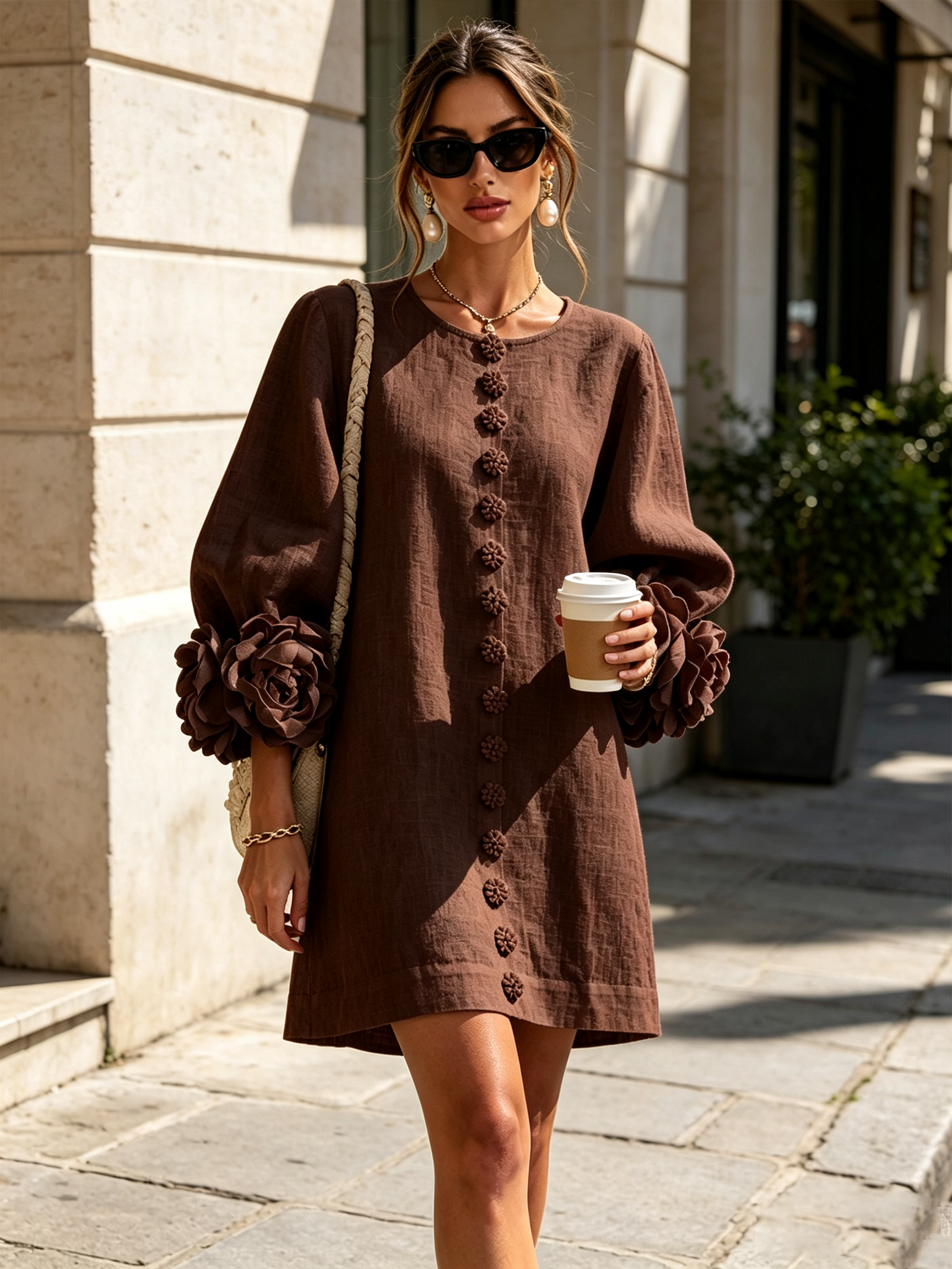 White Floral Shirt Mini Dress with Statement Floral Cuffs