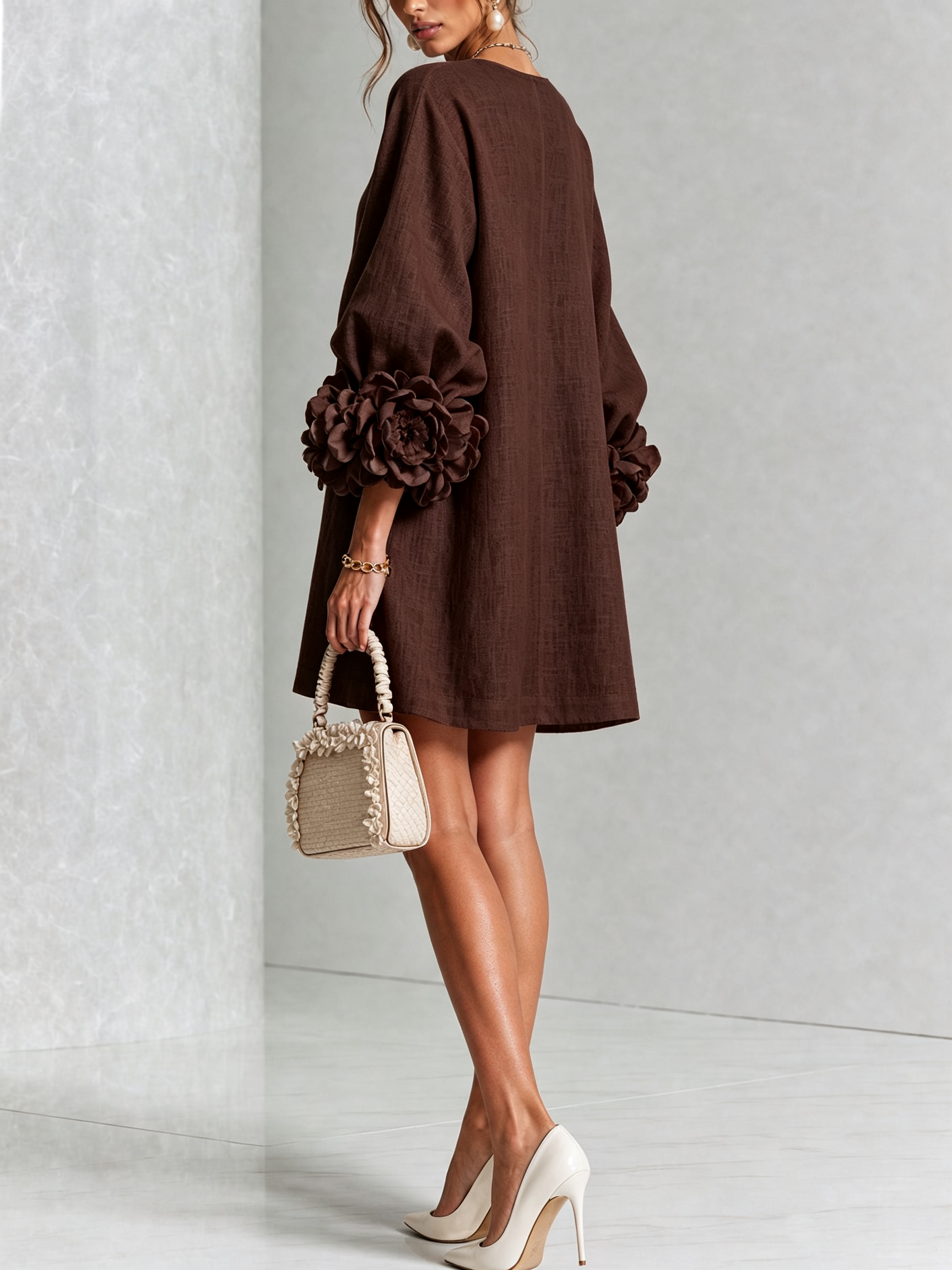 White Floral Shirt Mini Dress with Statement Floral Cuffs