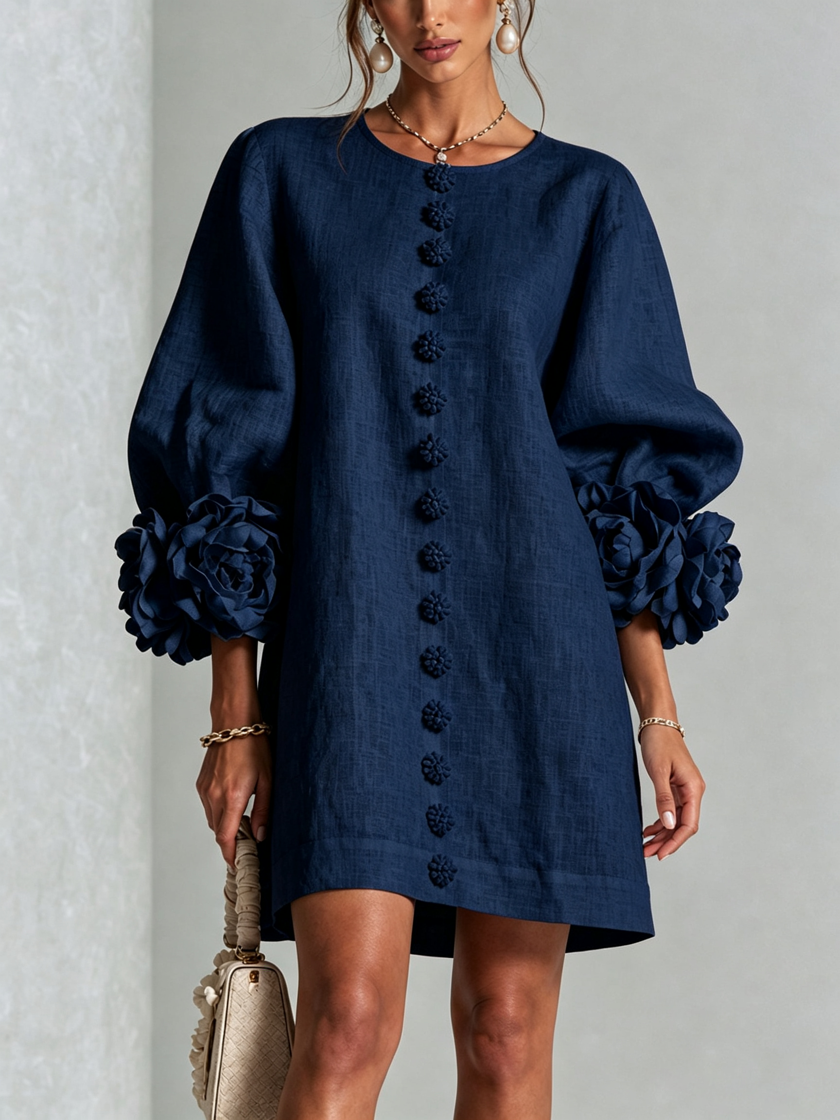 White Floral Shirt Mini Dress with Statement Floral Cuffs