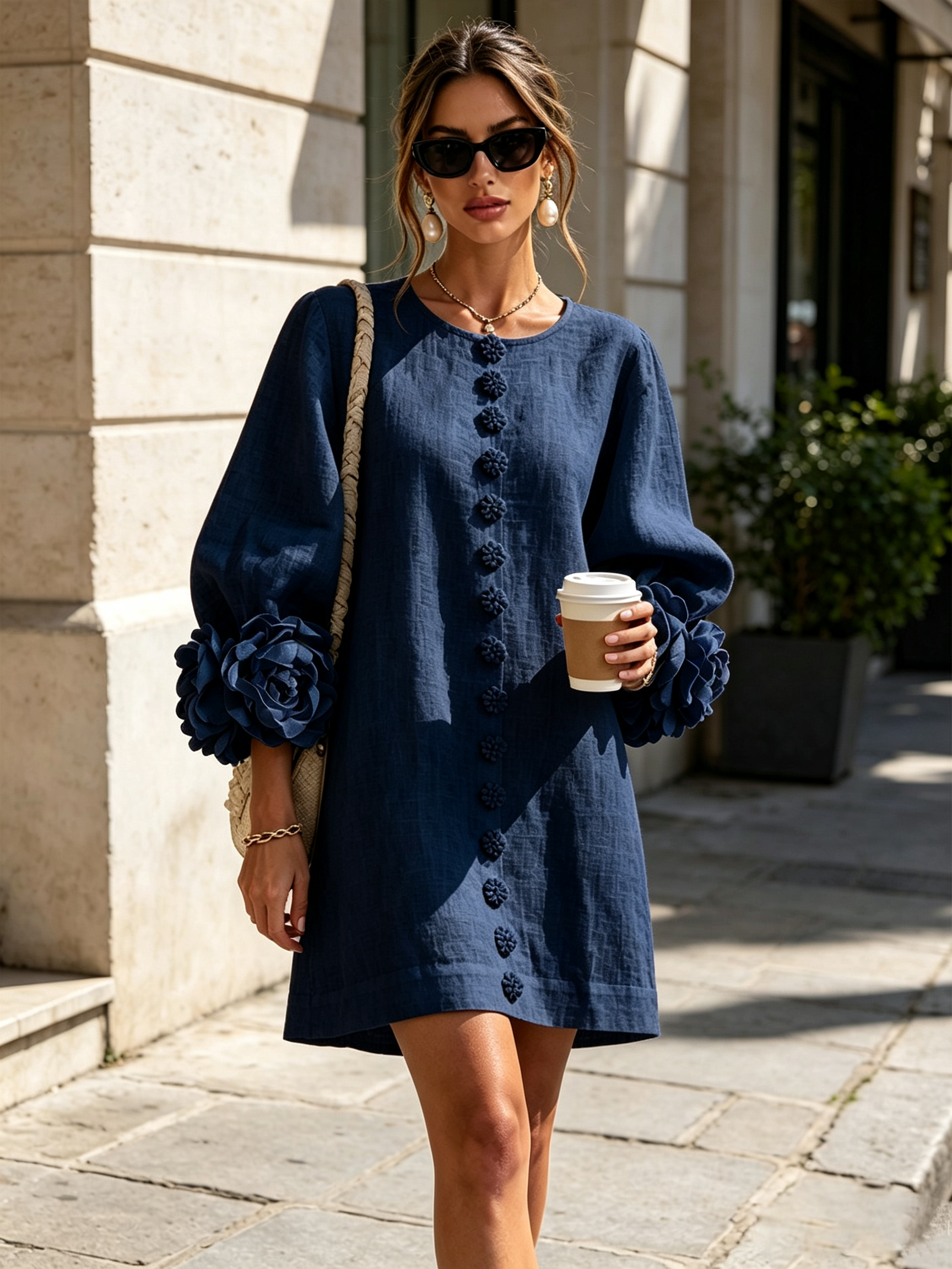 White Floral Shirt Mini Dress with Statement Floral Cuffs
