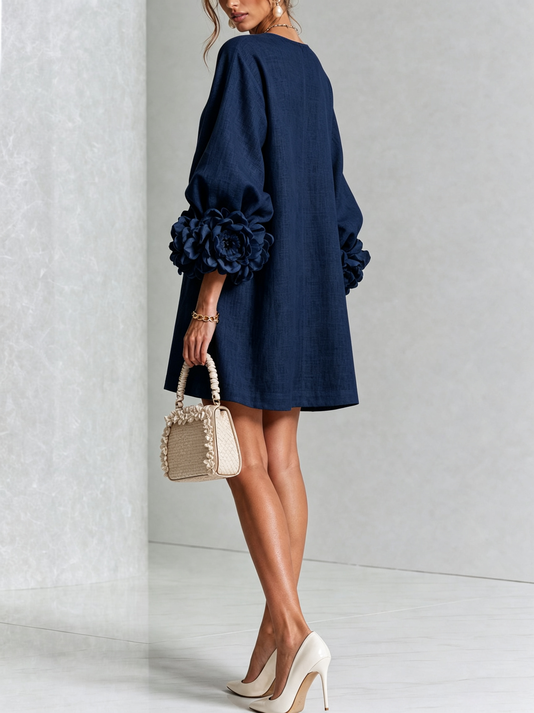 White Floral Shirt Mini Dress with Statement Floral Cuffs