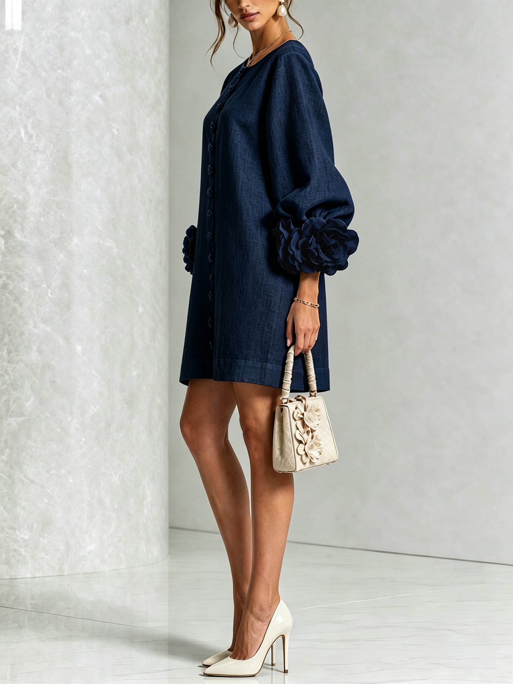 White Floral Shirt Mini Dress with Statement Floral Cuffs
