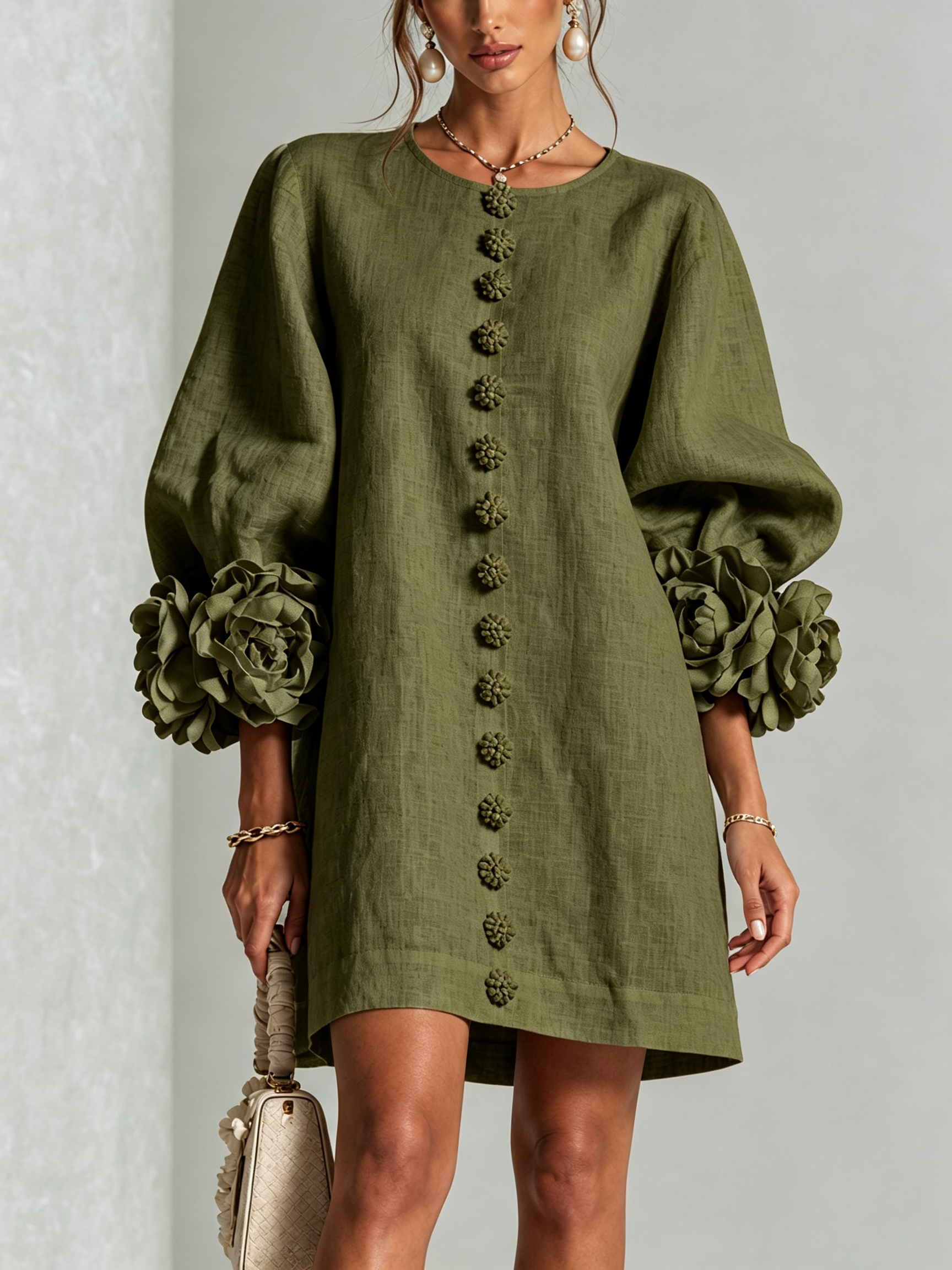 White Floral Shirt Mini Dress with Statement Floral Cuffs