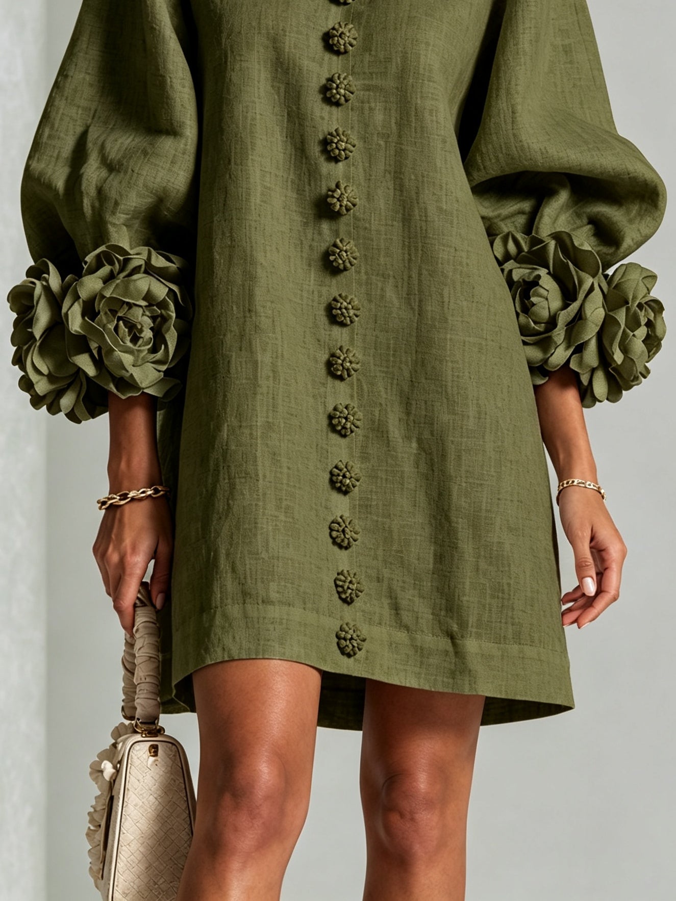 Olive Green Floral Shirt Mini Dress with Statement Floral Cuffs