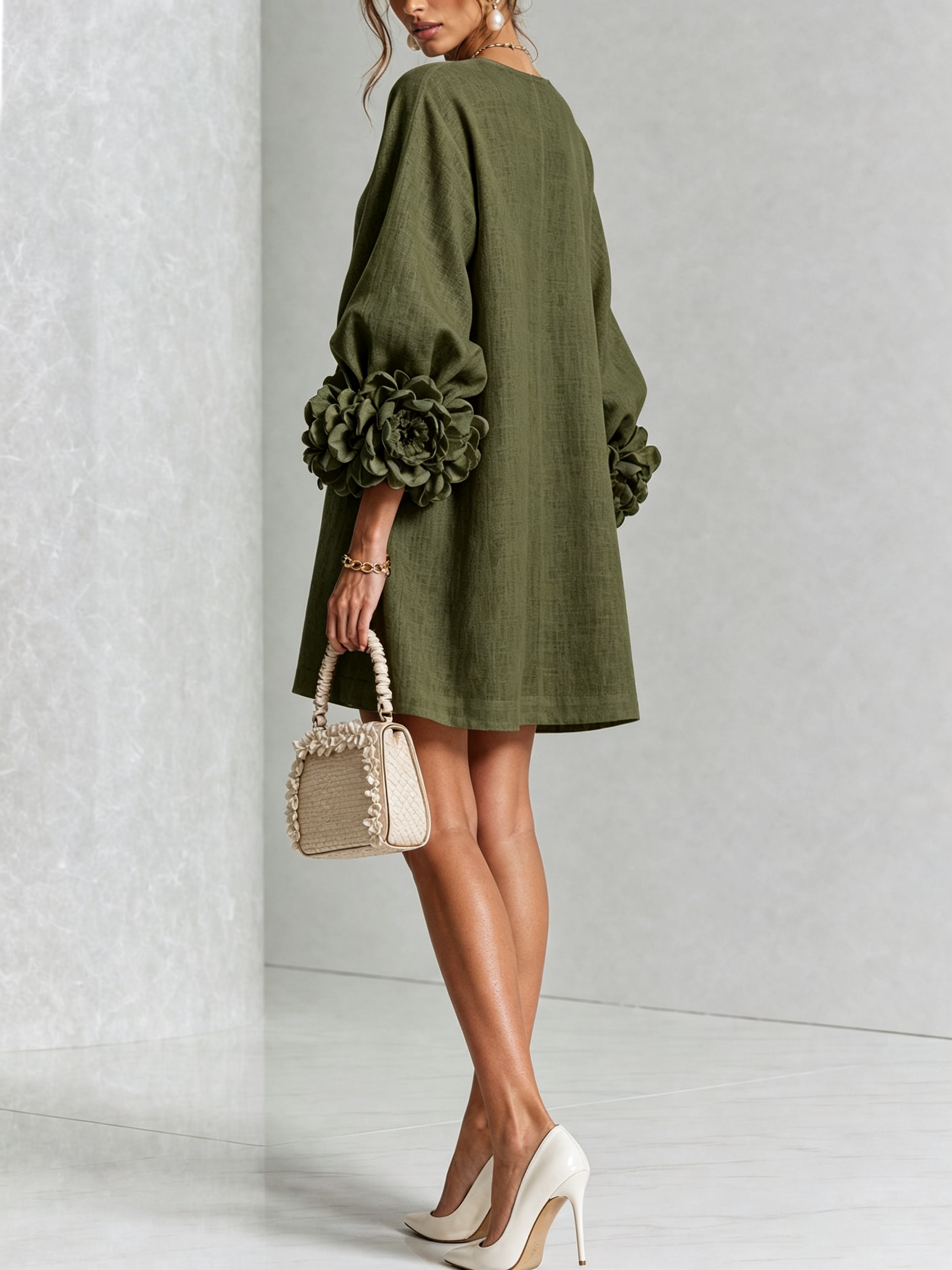 White Floral Shirt Mini Dress with Statement Floral Cuffs