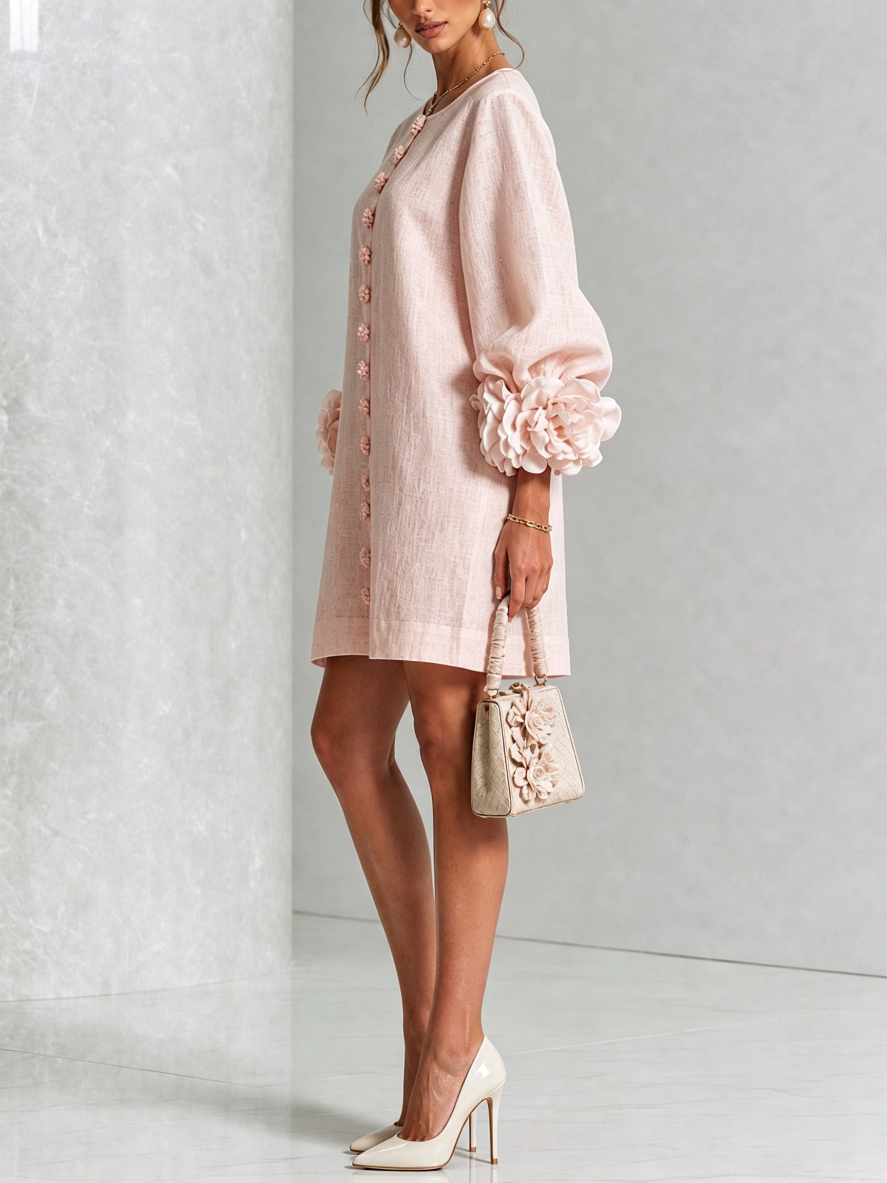 Pink Floral Shirt Mini Dress with Statement Floral Cuffs