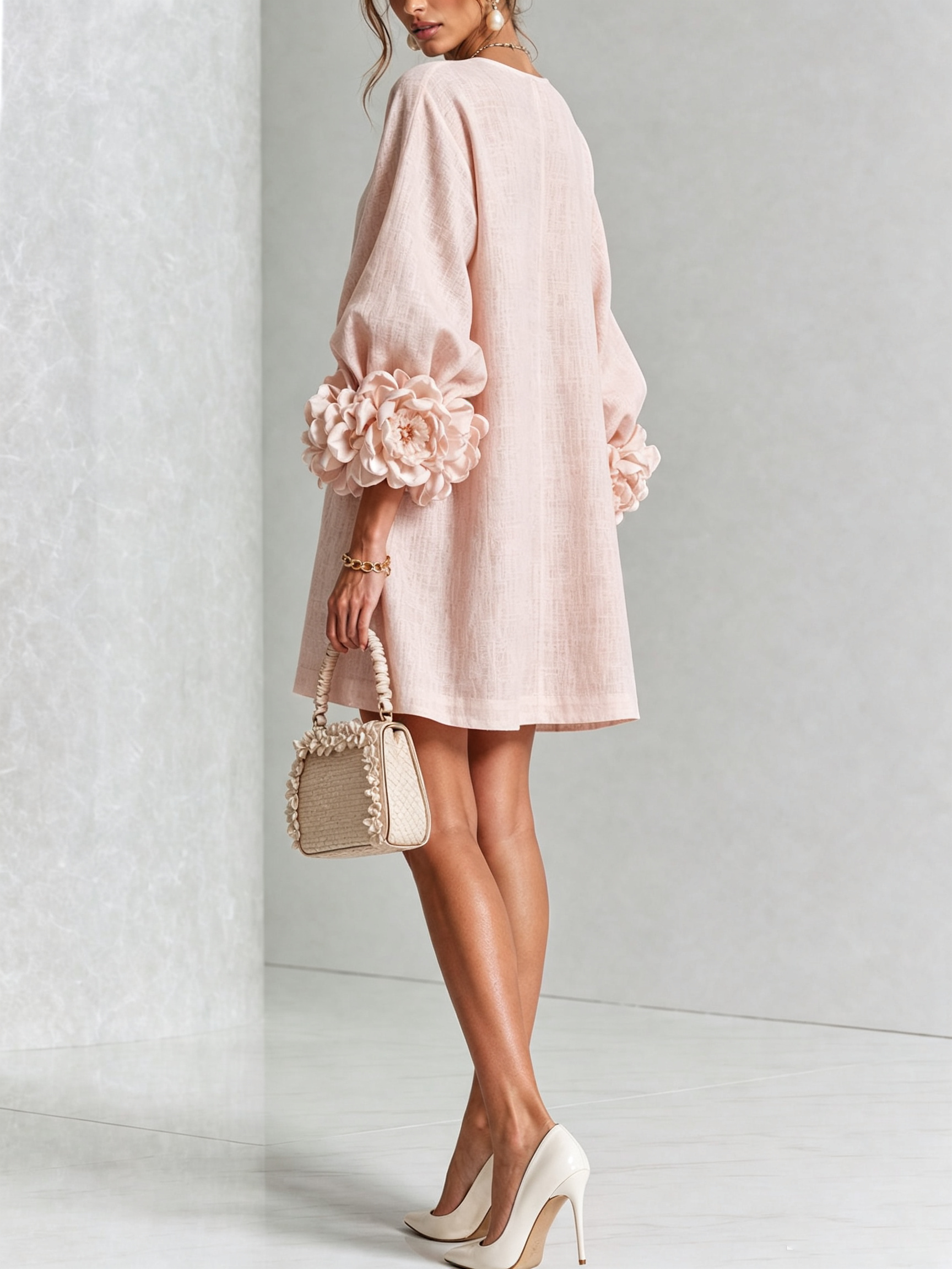 White Floral Shirt Mini Dress with Statement Floral Cuffs