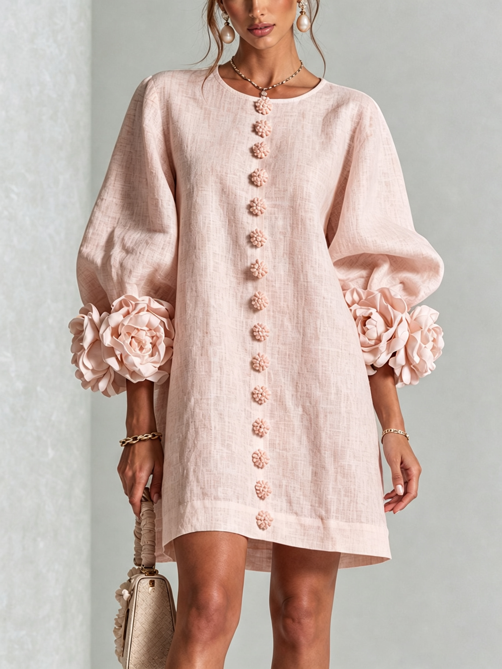 Pink Floral Shirt Mini Dress with Statement Floral Cuffs