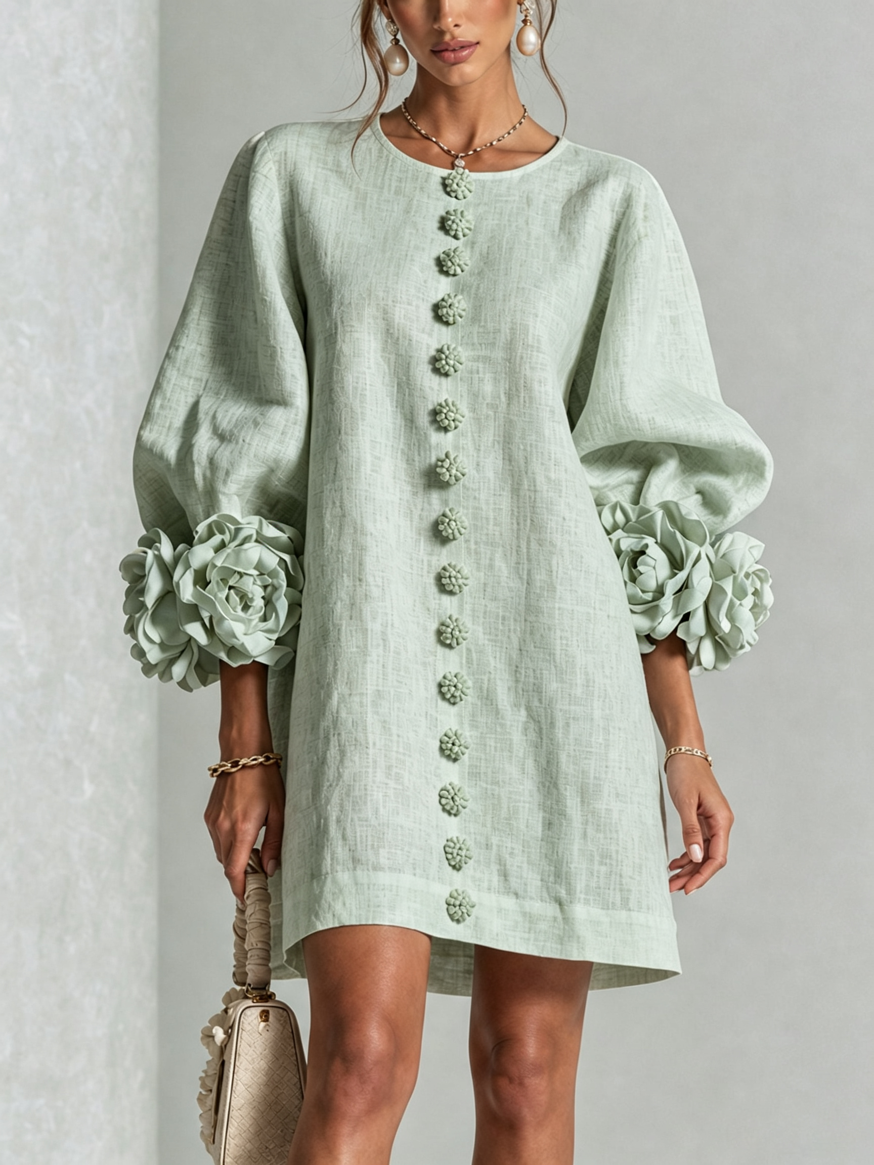 White Floral Shirt Mini Dress with Statement Floral Cuffs