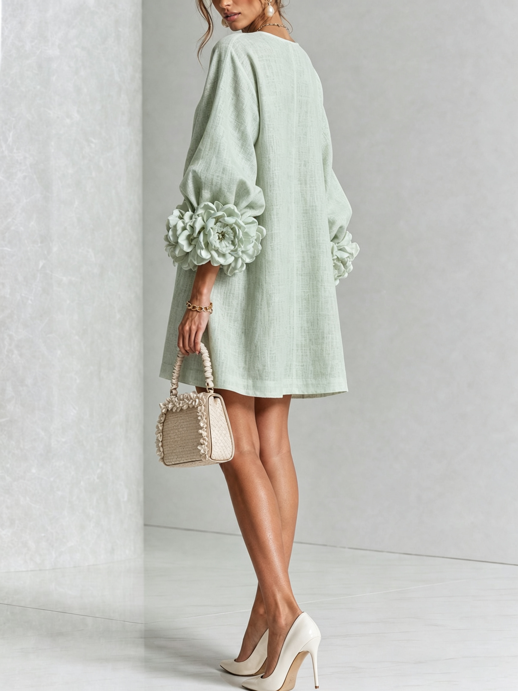 White Floral Shirt Mini Dress with Statement Floral Cuffs