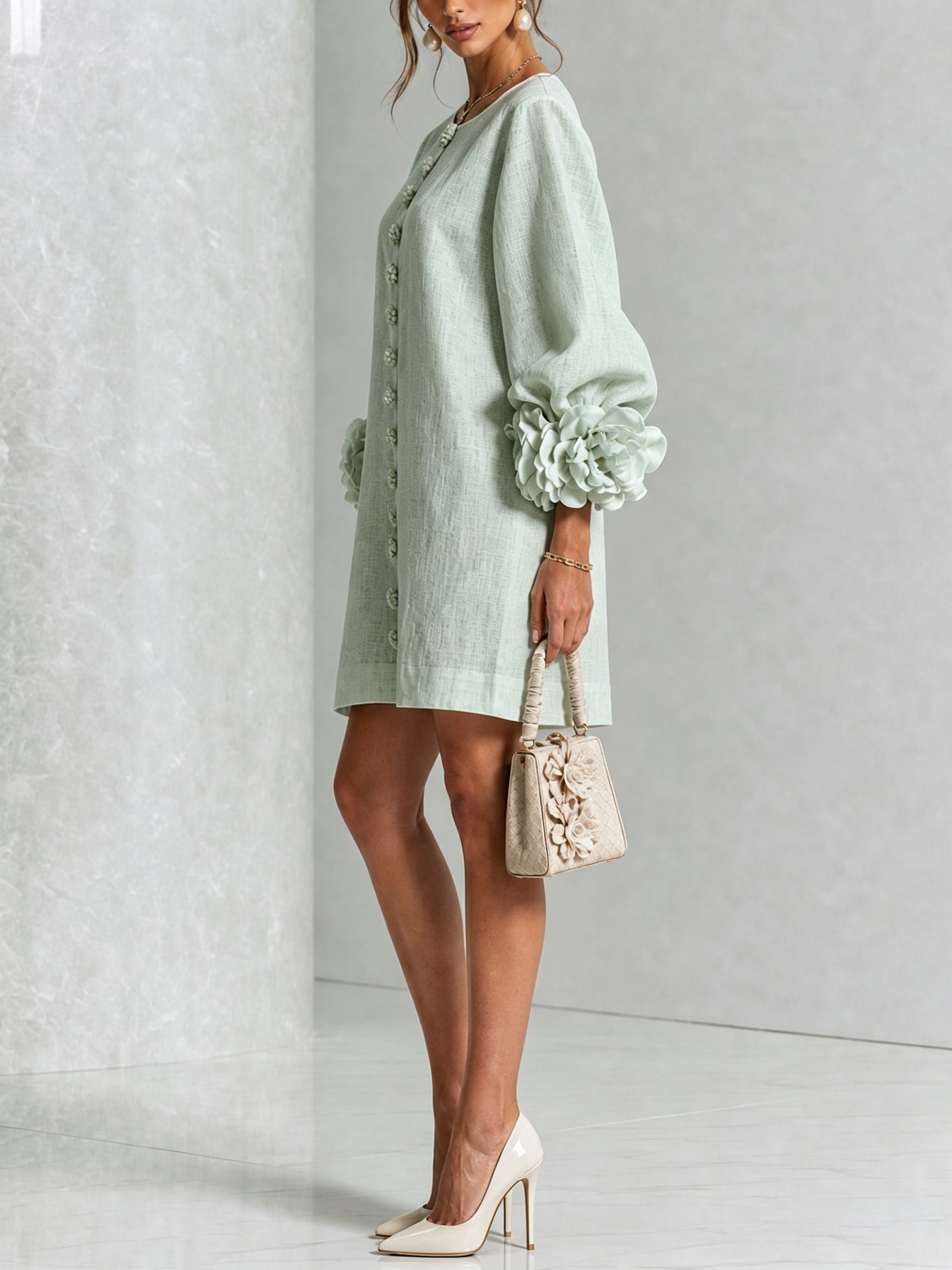 White Floral Shirt Mini Dress with Statement Floral Cuffs