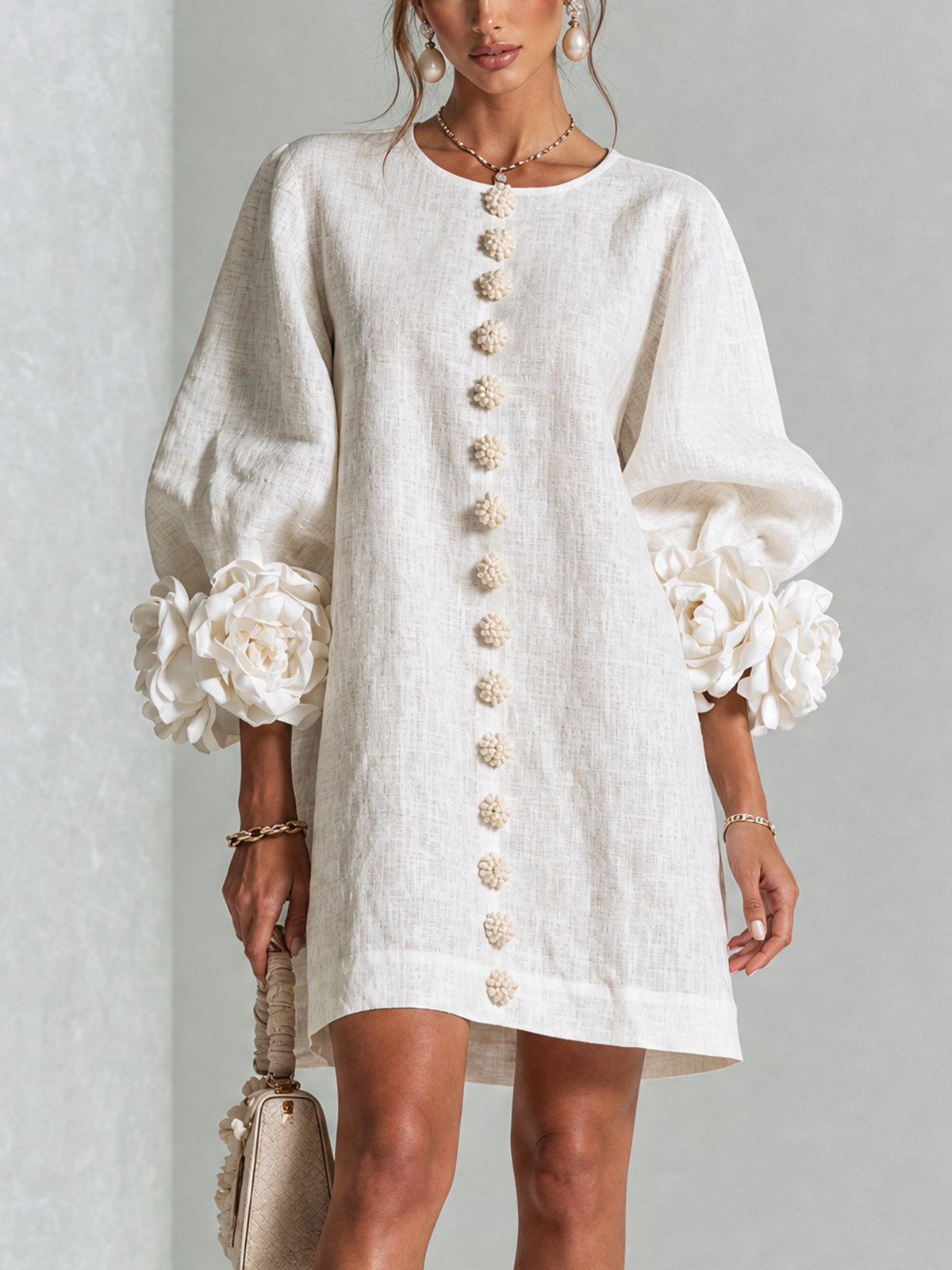 White Floral Shirt Mini Dress with Statement Floral Cuffs