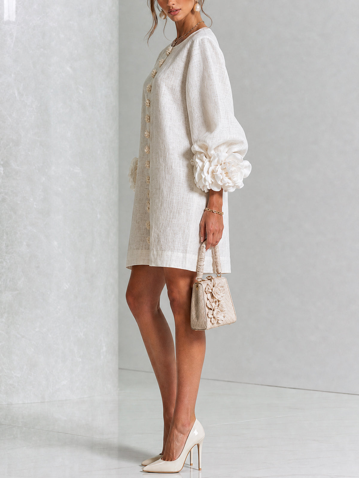White Floral Shirt Mini Dress with Statement Floral Cuffs