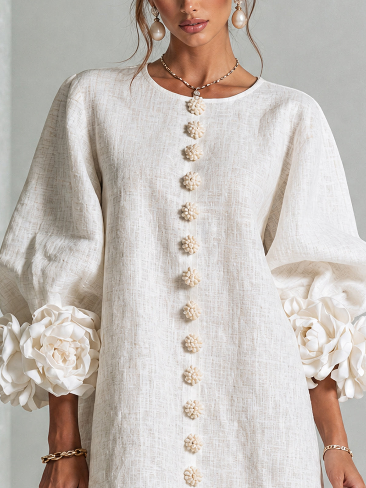White Floral Shirt Mini Dress with Statement Floral Cuffs