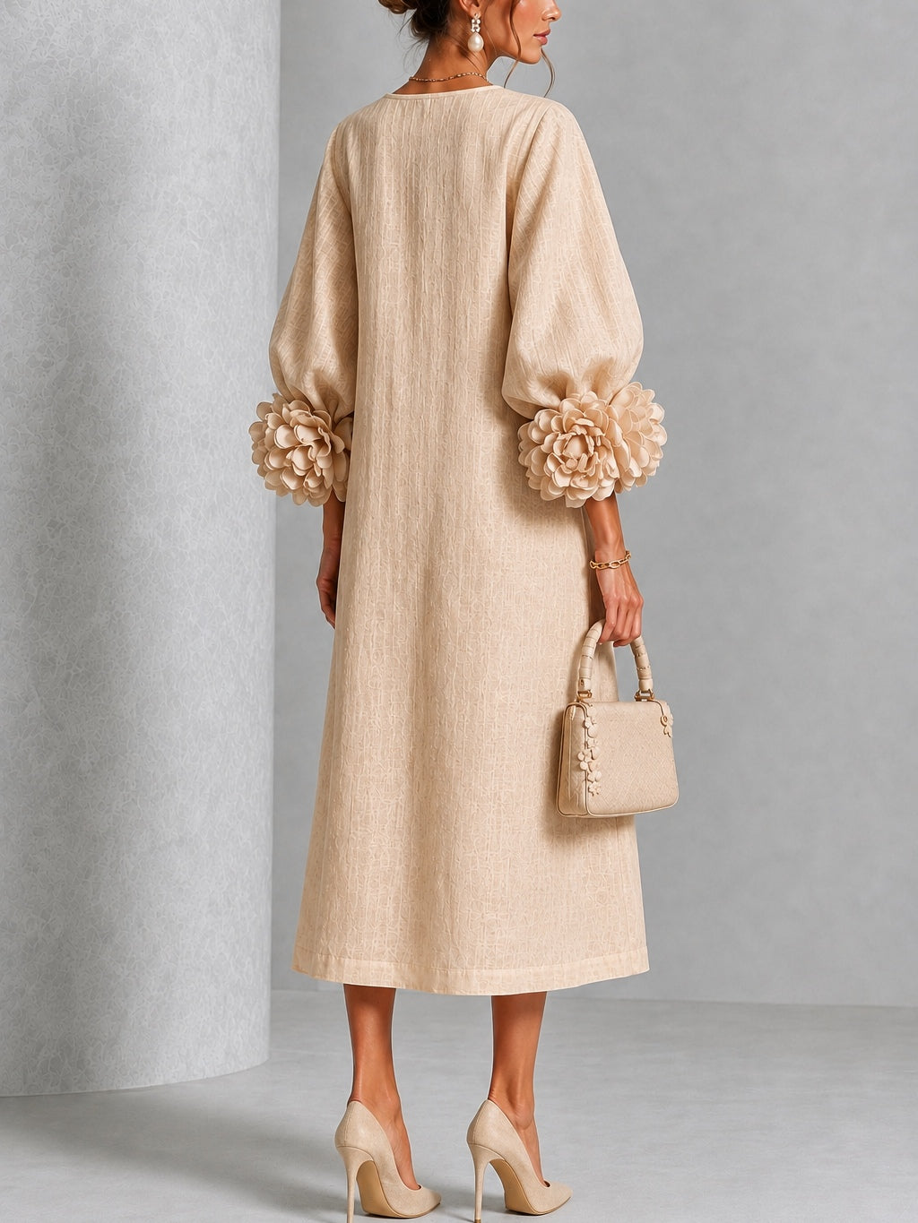 Linnea | Floral-Sleeve Midi Dress in Beige