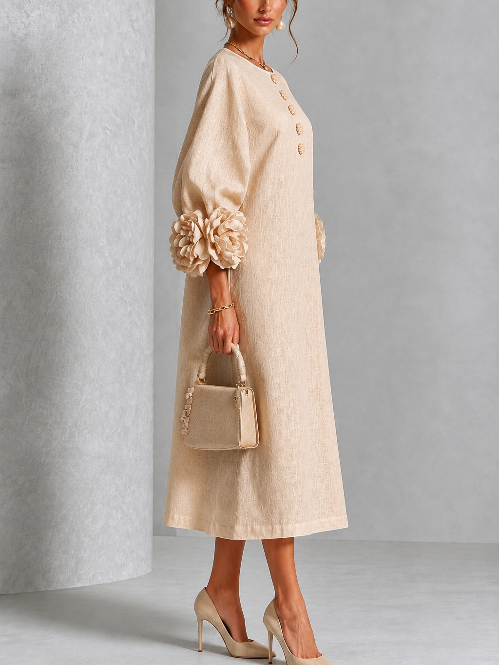 Linnea | Floral-Sleeve Midi Dress in Beige