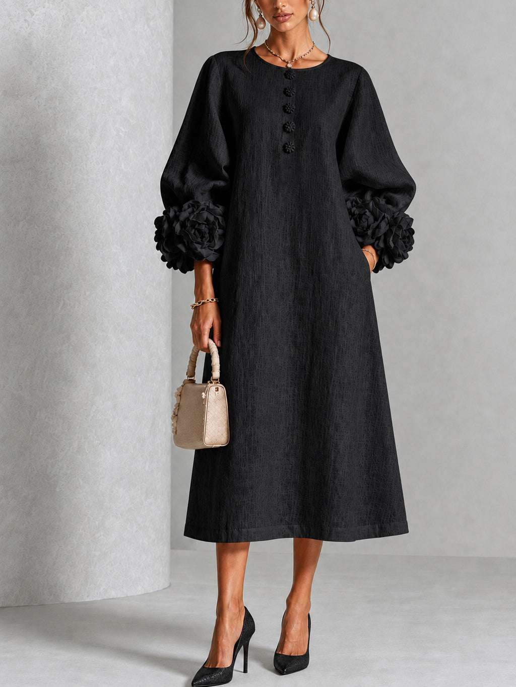 Corinne | Floral-Sleeve Midi Dress in Black