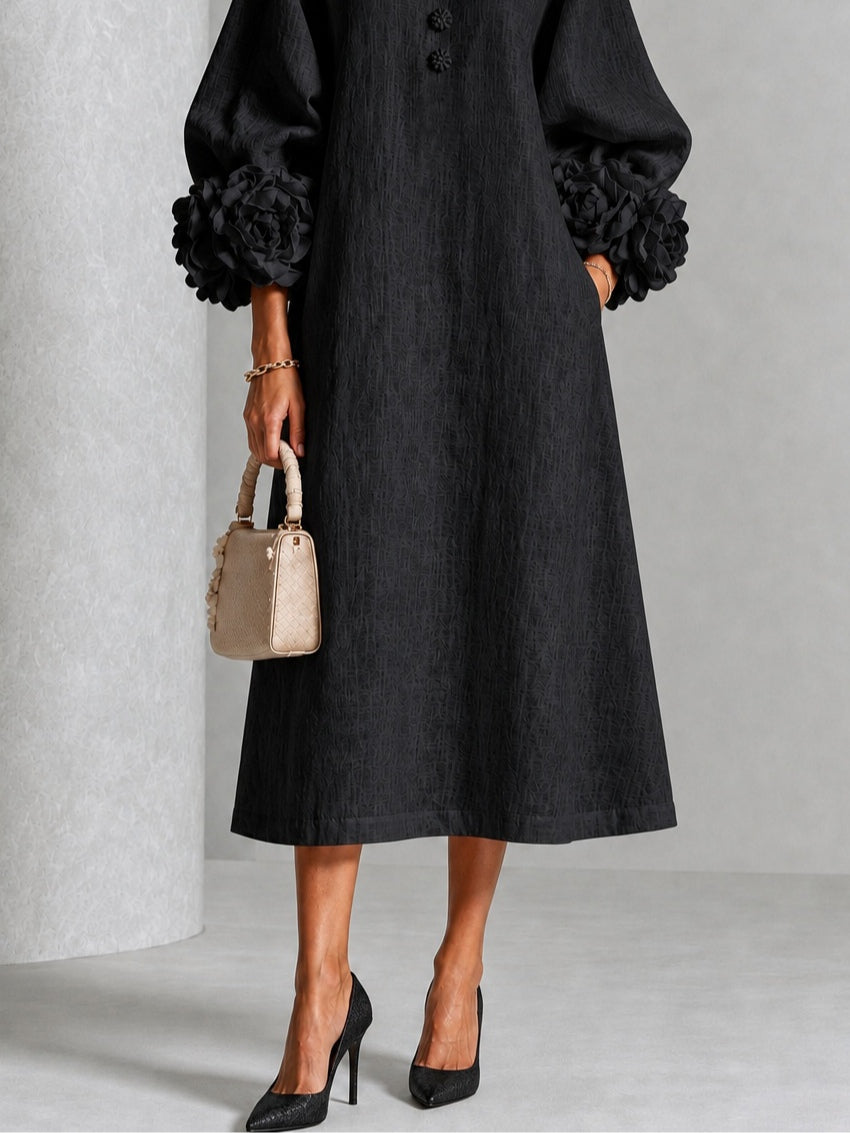 Corinne | Floral-Sleeve Midi Dress in Black