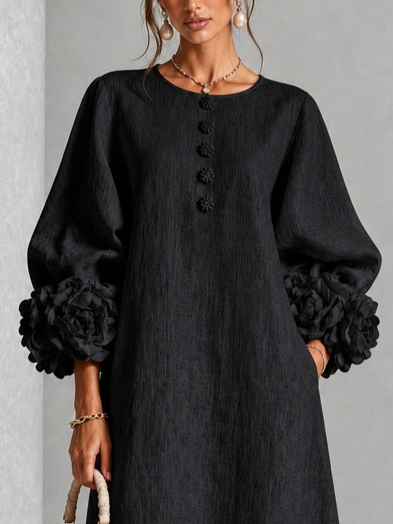 Corinne | Floral-Sleeve Midi Dress in Black