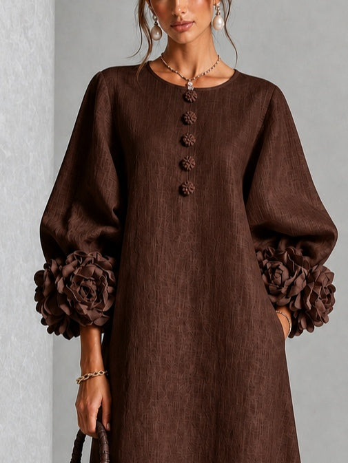Bronte | Floral-Sleeve Midi Dress in Brown