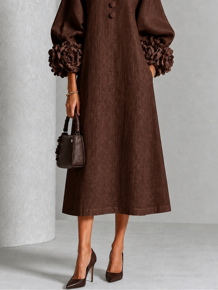 Bronte | Floral-Sleeve Midi Dress in Brown