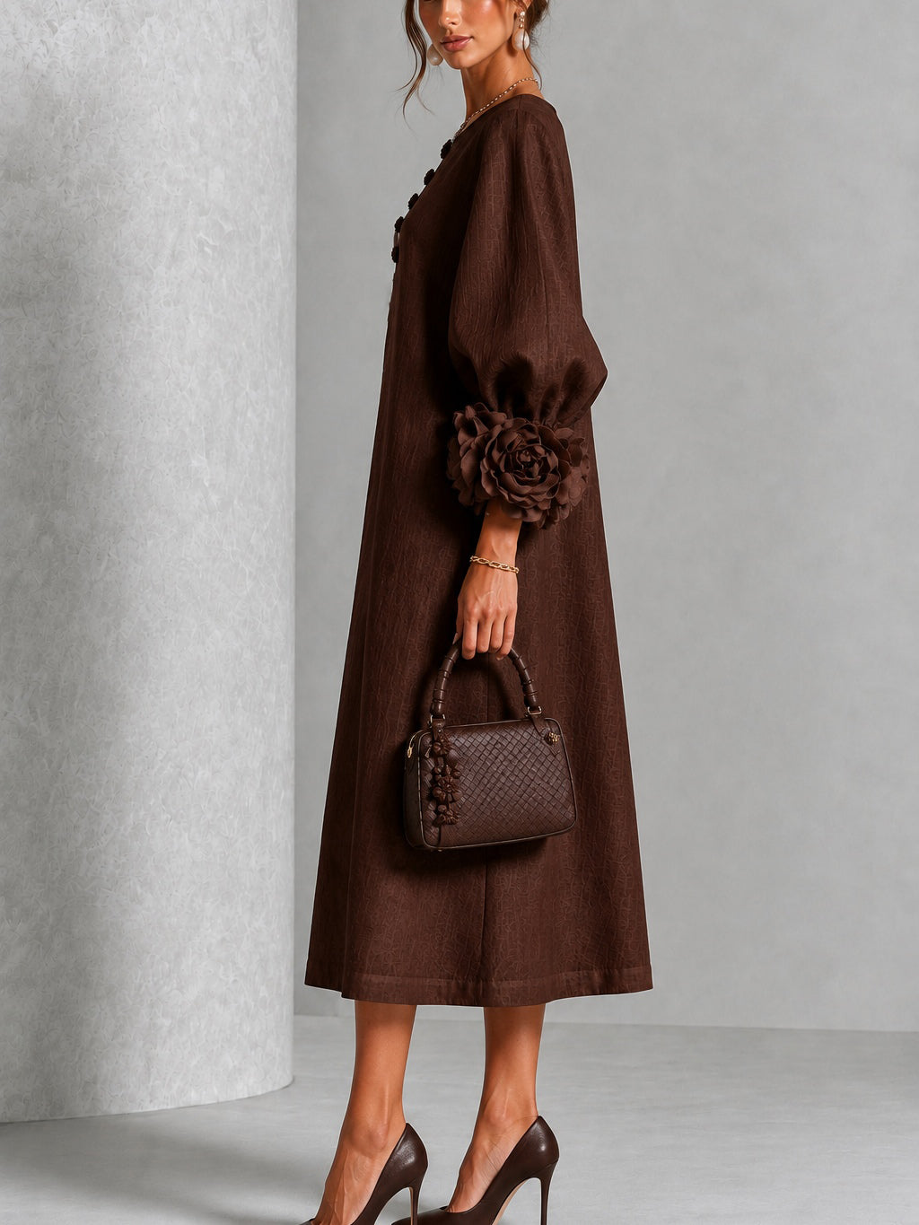 Bronte | Floral-Sleeve Midi Dress in Brown