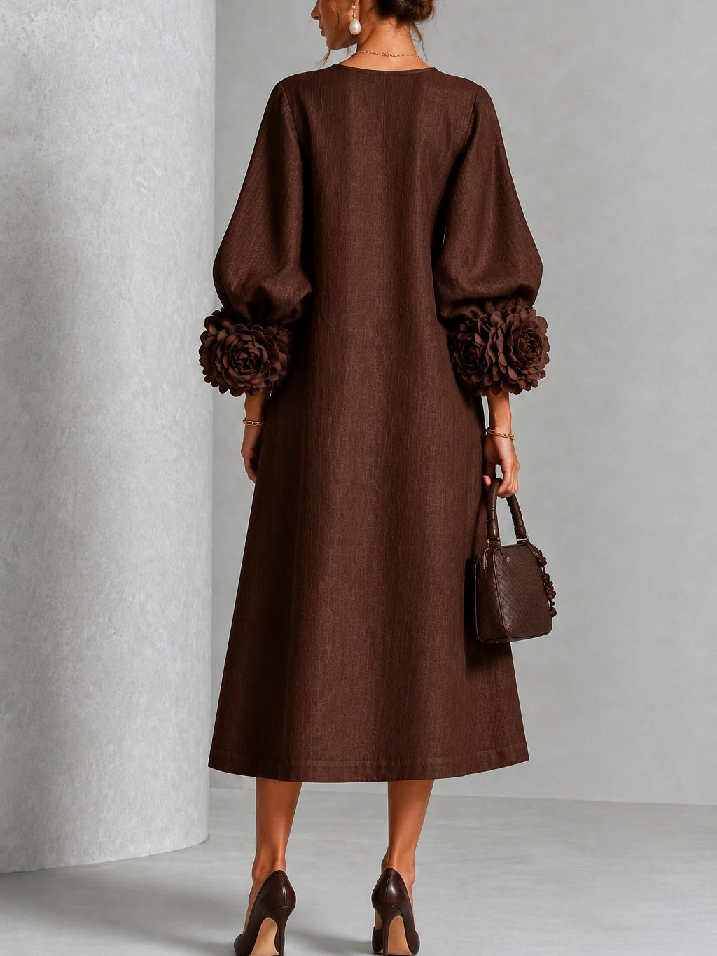Bronte | Floral-Sleeve Midi Dress in Brown