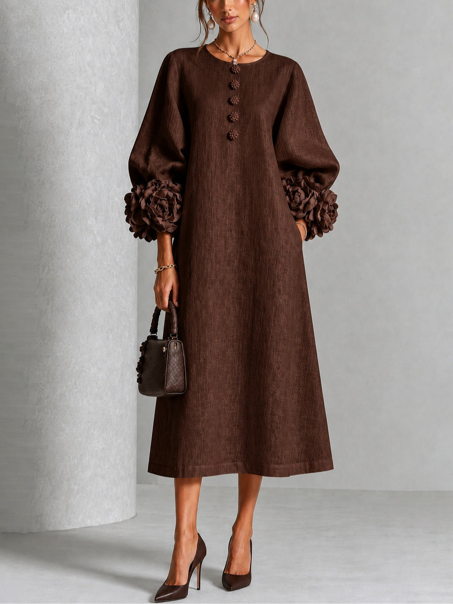 Bronte | Floral-Sleeve Midi Dress in Brown