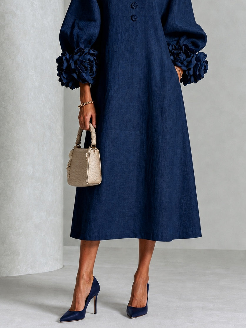 Calla | Floral-Sleeve Midi Dress in Navy