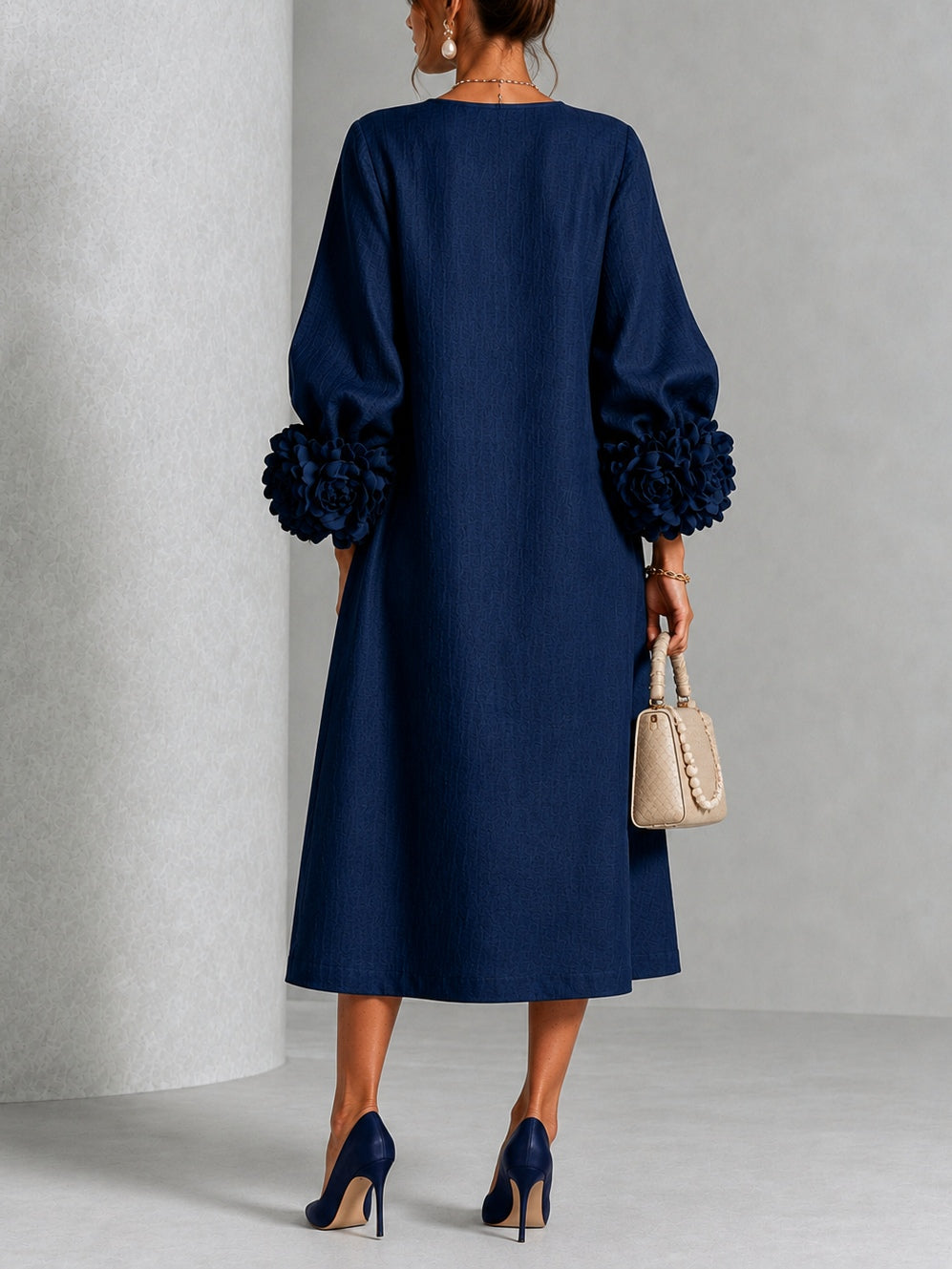Calla | Floral-Sleeve Midi Dress in Navy