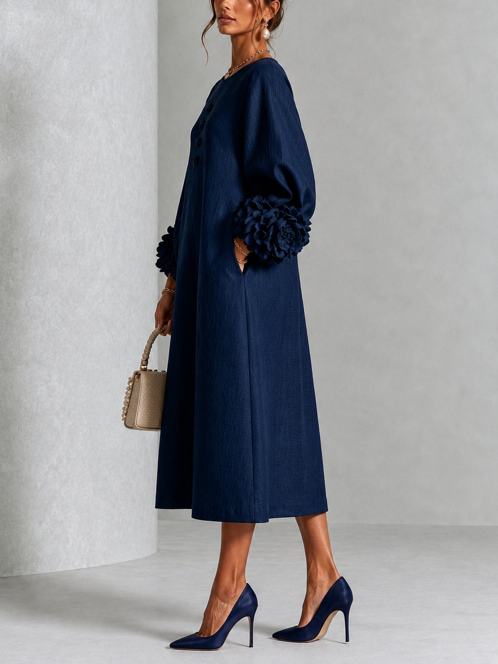 Calla | Floral-Sleeve Midi Dress in Navy