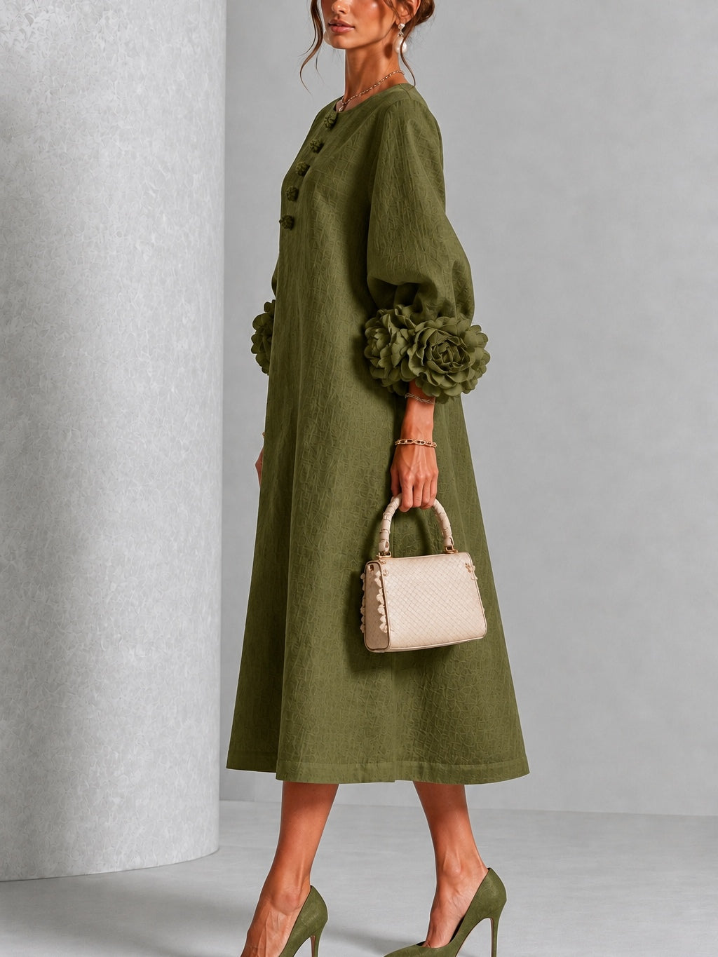 Juno | Floral-Sleeve Midi Dress in Olive
