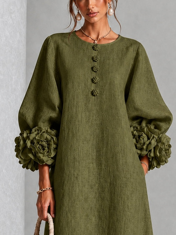 Juno | Floral-Sleeve Midi Dress in Olive