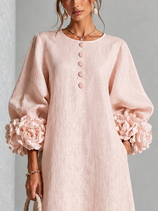 Rosabel | Floral-Sleeve Midi Dress in Pink